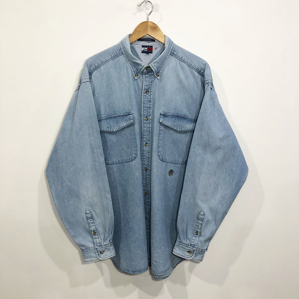 Vintage Tommy Hilfiger Denim Shirt Lion Crest Logo XL TALL VINTAGELANDNZ