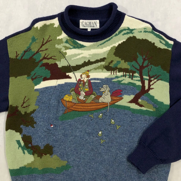 Vintage Wool Knit Sweater Fishing (L)