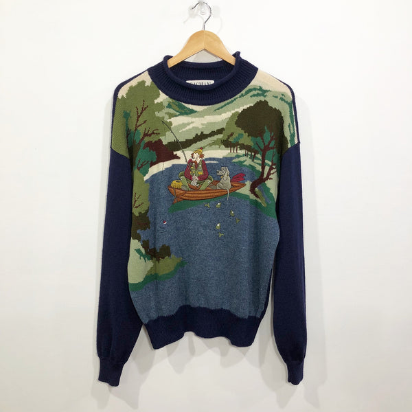 Vintage Wool Knit Sweater Fishing (L)