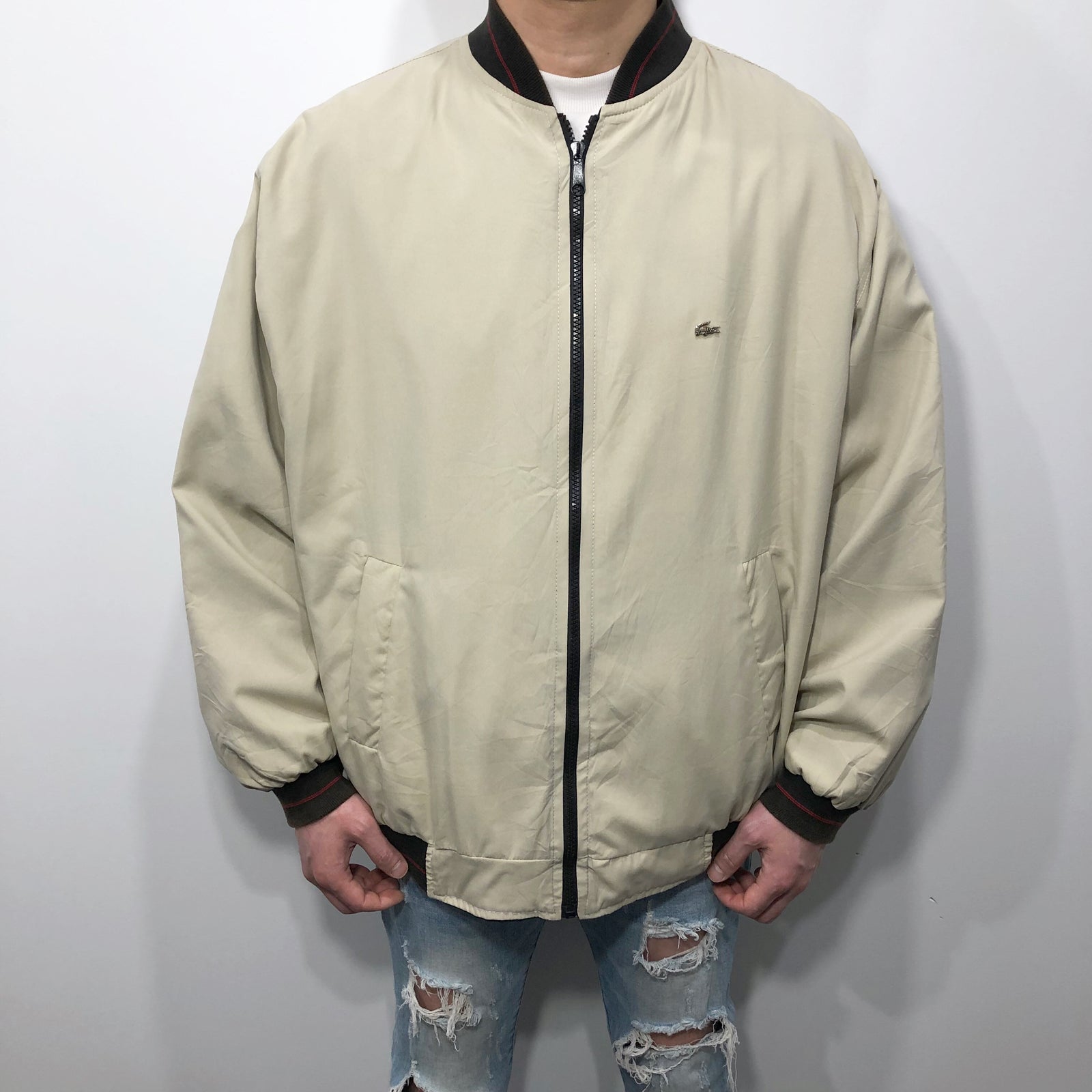 古着 短丈 Lacoste reversible jacket Vintage Mens Lacoste Reversible Navy Tan Bomber Jacket